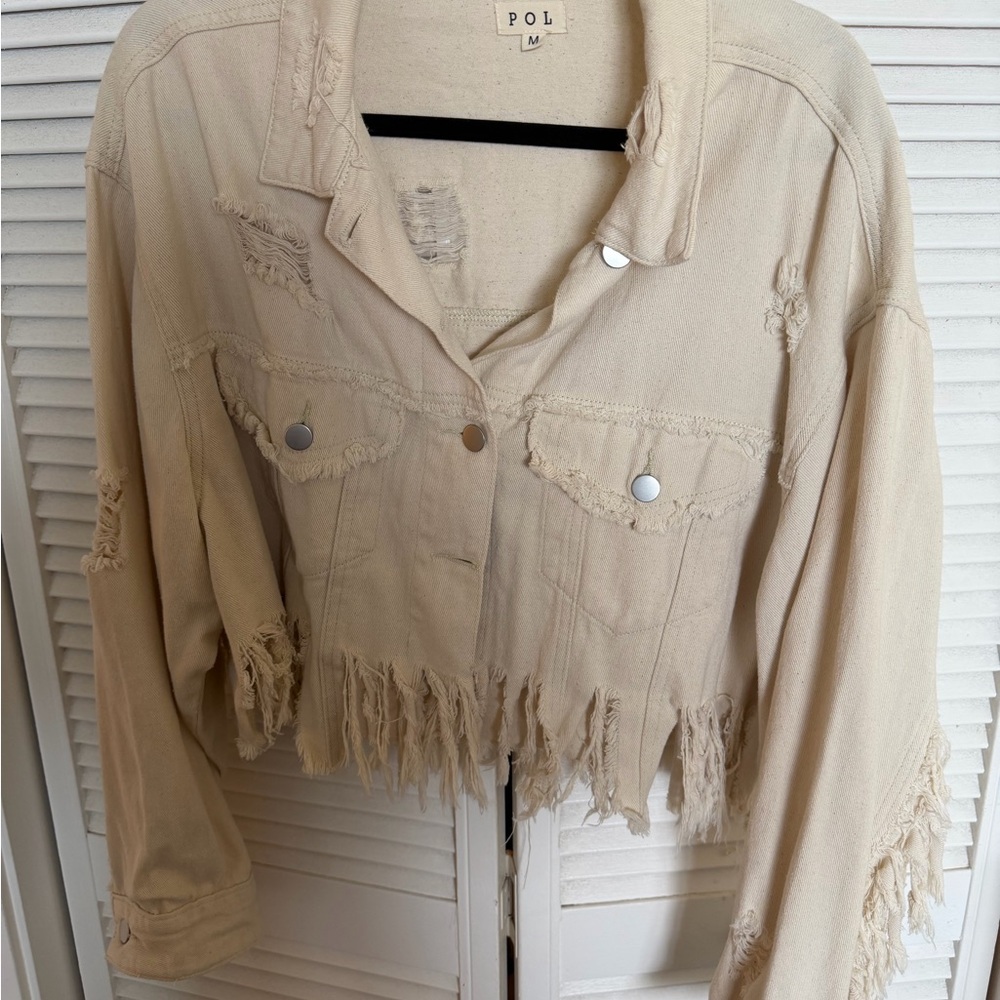 POL Women's Frayed Cream Jean Jacket